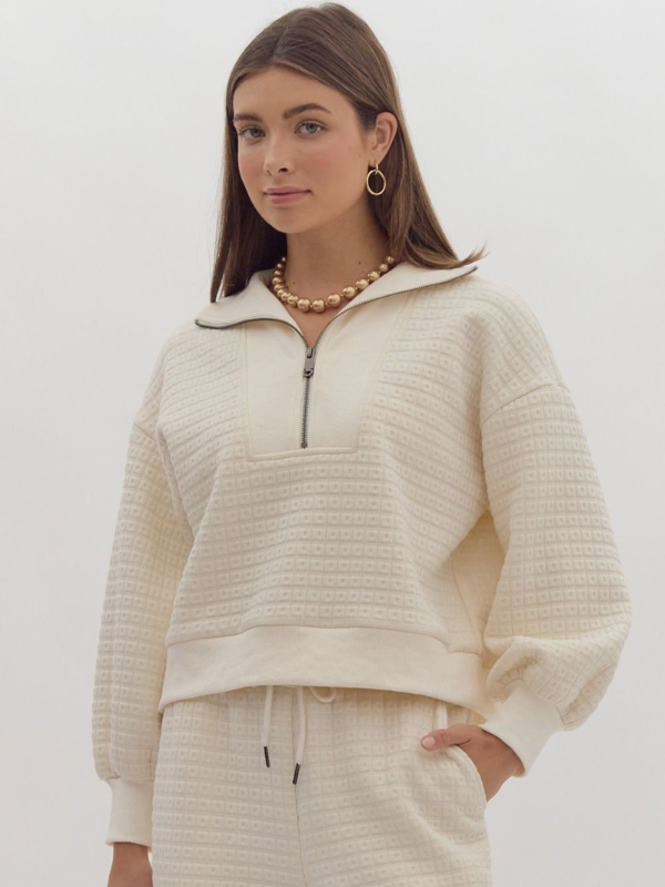 Cream Textured 3/4 Zip Top - Themasonboutique