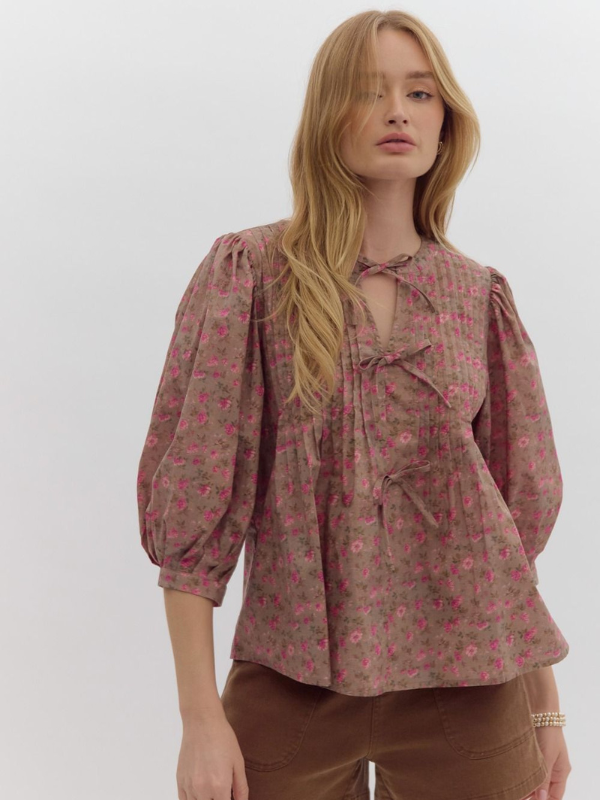 Camel & Pink Floral Bow Top - Themasonboutique