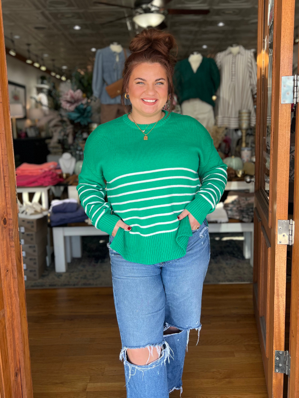 Kelly Green & Ivory Stripe Drop Shoulder Sweater