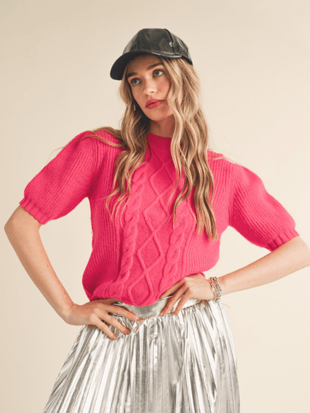 Hot Pink Cable Knit Short Sleeve Sweater