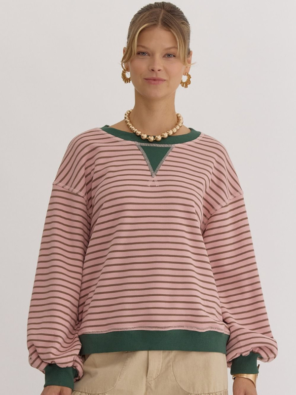 Blush & Green Striped Lightweight Sweatshirt - Themasonboutique