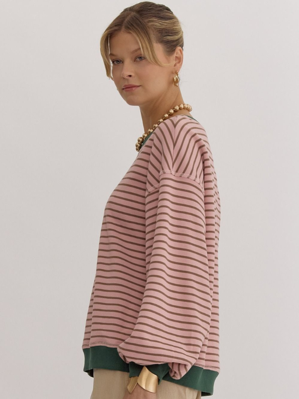 Blush & Green Striped Lightweight Sweatshirt - Themasonboutique