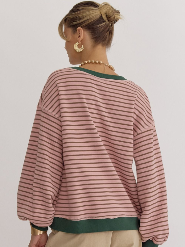 Blush & Green Striped Lightweight Sweatshirt - Themasonboutique