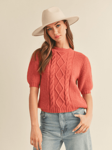 Auburn Cable Knit Short Puff Sleeve Sweater