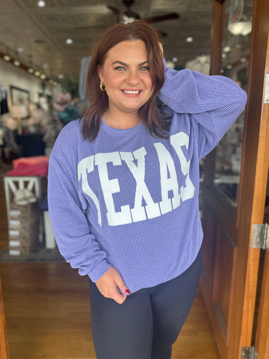 Periwinkle Texas Graphic Ribbed Long Sleeve Top