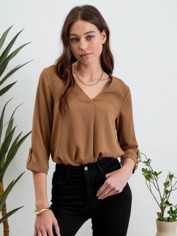 Brown V-Neck 3/4 Sleeve Top