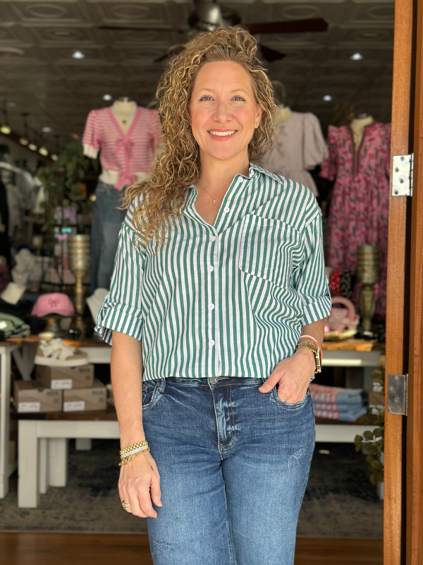 Green Button Down High Low Stripe Shirt