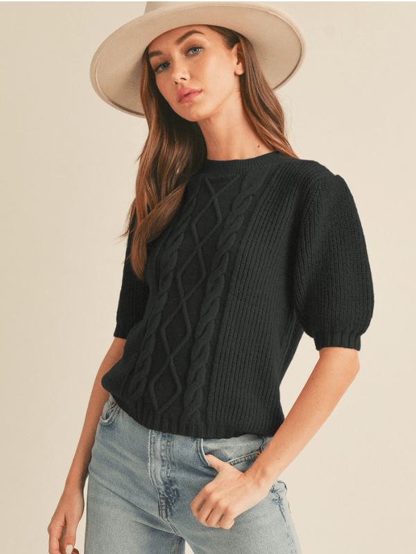 Black Cable Knit Short Puff Sleeve Sweater