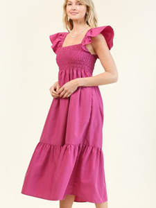 Raspberry Flutter Sleeve Midi Dress