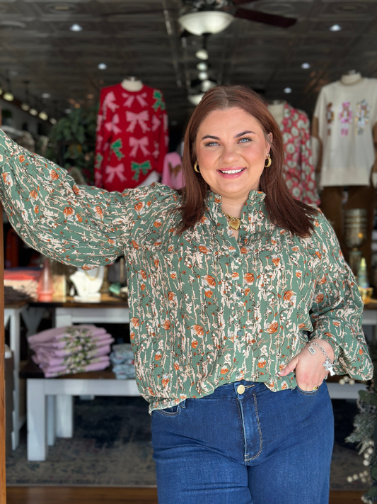 Green Ruffle Neck Floral Blouse