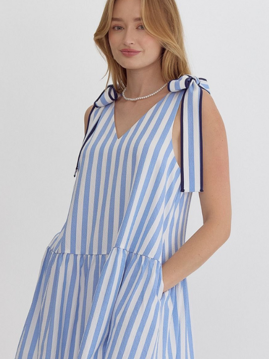 Blue Striped Tie Shoulder Dress - Themasonboutique