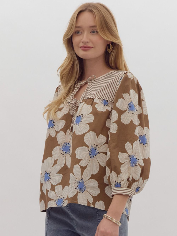 Camel & Blue Floral Bow Top - Themasonboutique