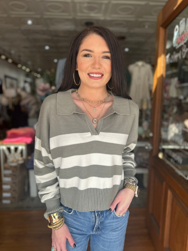 Sage & Cream Stripe Collared Sweater