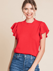 Red Knit Ruffle Sleeve Top