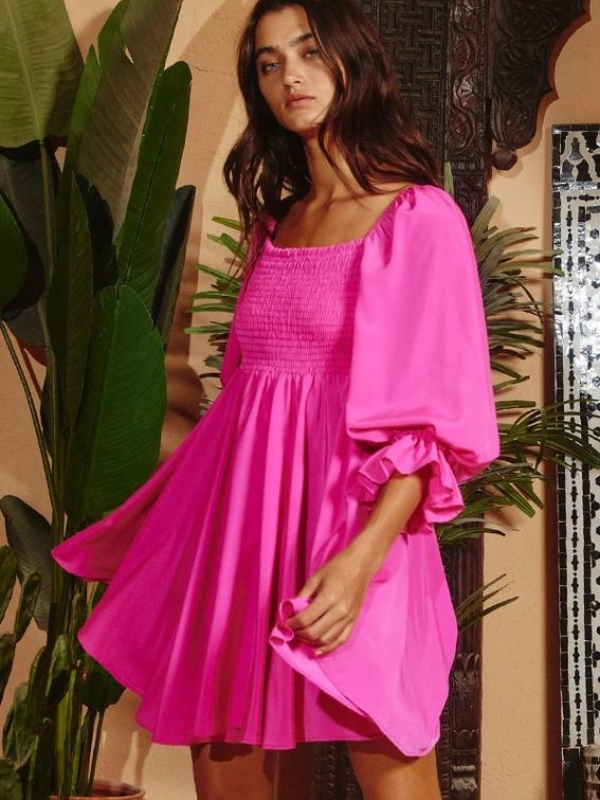 Fuchsia Puff Sleeve Mini Dress - Themasonboutique