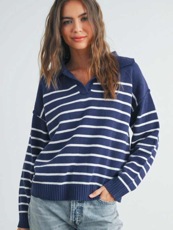 Navy & Ivory Stripe Collared Sweater