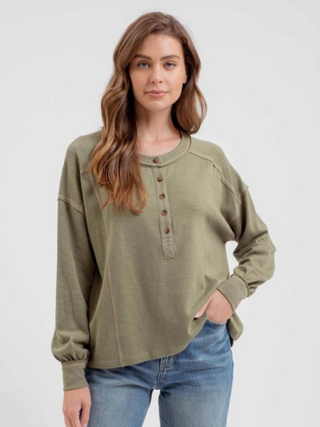 Olive Contrast Stitch Henley Top