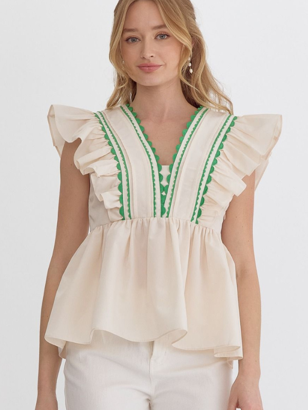 Cream & Green Rik-Rak Peplum Top - Themasonboutique