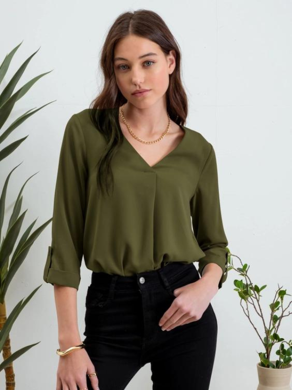 Olive V-Neck 3/4 Sleeve Top