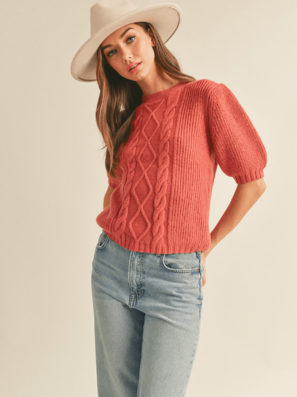 Auburn Cable Knit Short Puff Sleeve Sweater - Themasonboutique