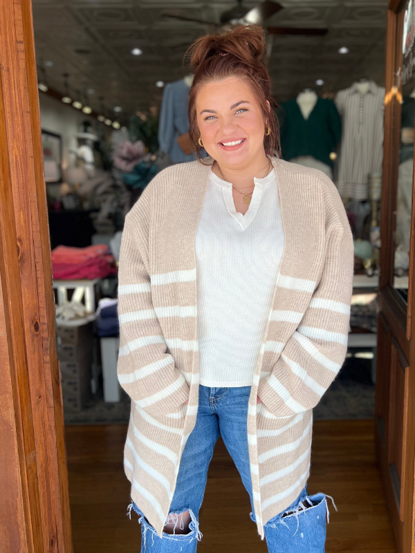 Taupe & Ivory Stripe Knitted Cardigan