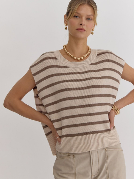 Oatmeal & Brown Striped Short Sleeve Sweater - Themasonboutique