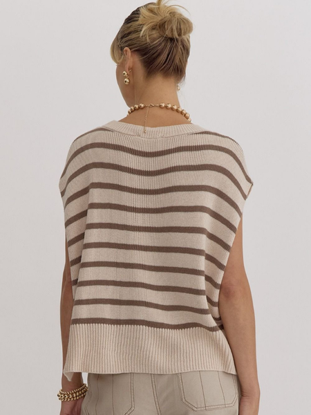 Oatmeal & Brown Striped Short Sleeve Sweater - Themasonboutique