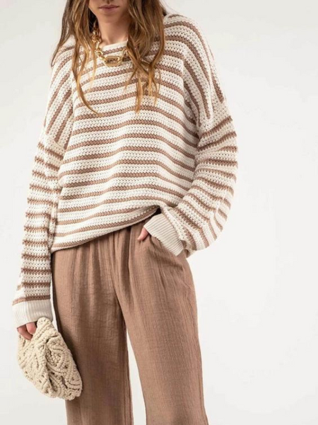 Taupe Relaxed Knit Stripe Sweater