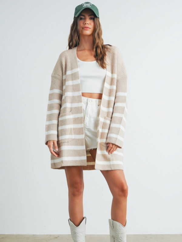 Taupe & Ivory Stripe Knitted Cardigan - Themasonboutique