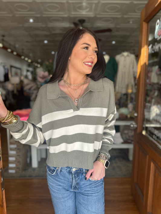 Sage & Cream Stripe Collared Sweater