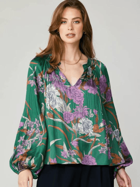 Green Floral Long Sleeve Pleated Blouse
