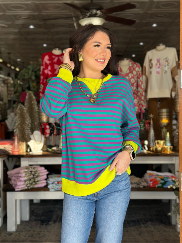 Purple Teal & Lime Striped Sweatshirt Top