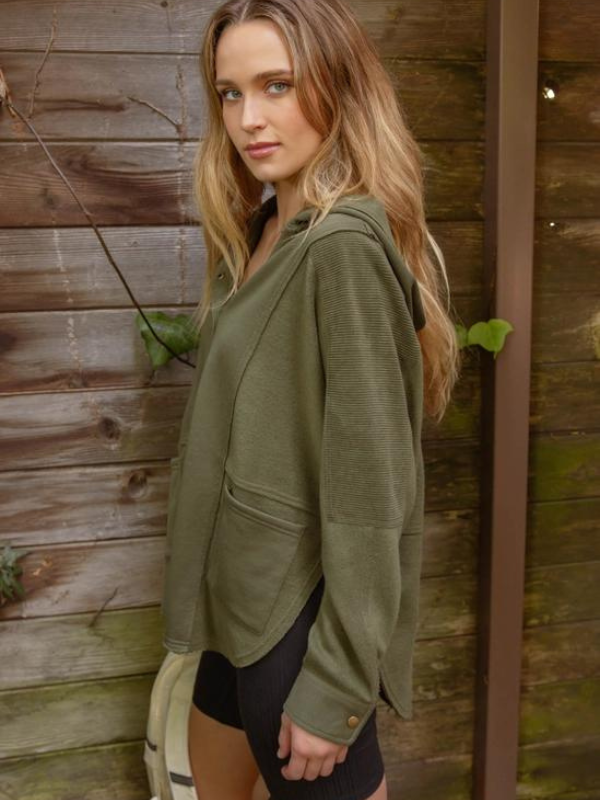 Olive Ribbed Detail Knit Hoodie - Themasonboutique