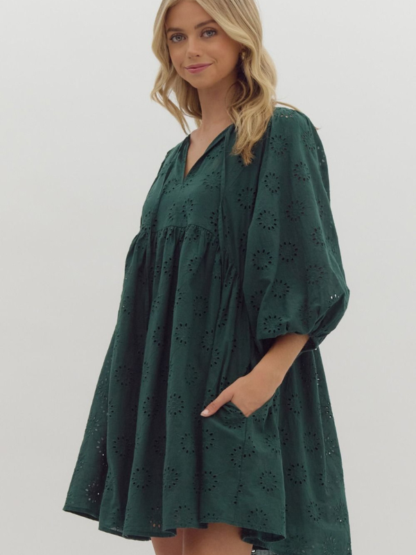 Hunter Green Eyelet Mini Dress - Themasonboutique