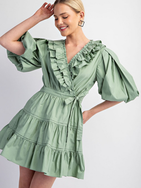 Sage Tiered Wrap Mini Dress - Themasonboutique