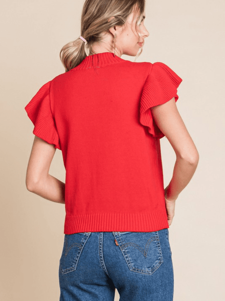 Red Knit Ruffle Sleeve Top