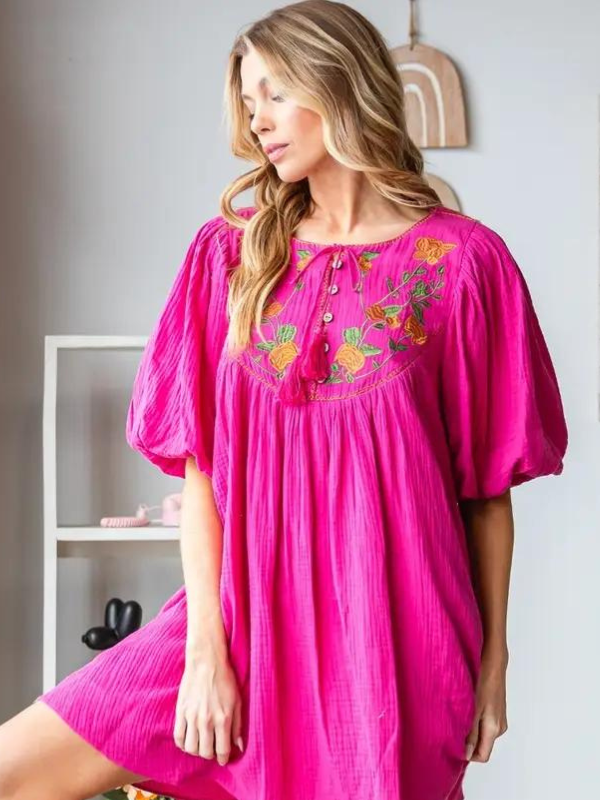 Berry Embroidered Gauze Tunic Dress - Themasonboutique