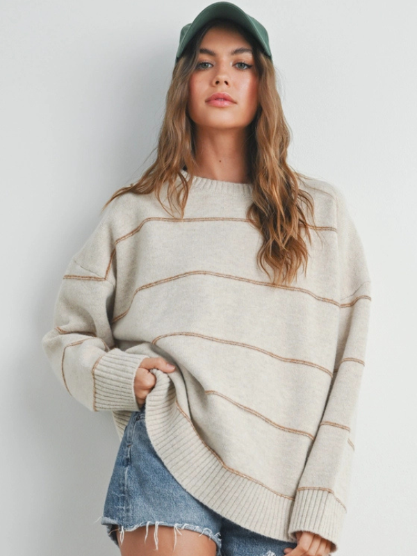 Ecru & Taupe Thin Stripe Sweater - Themasonboutique