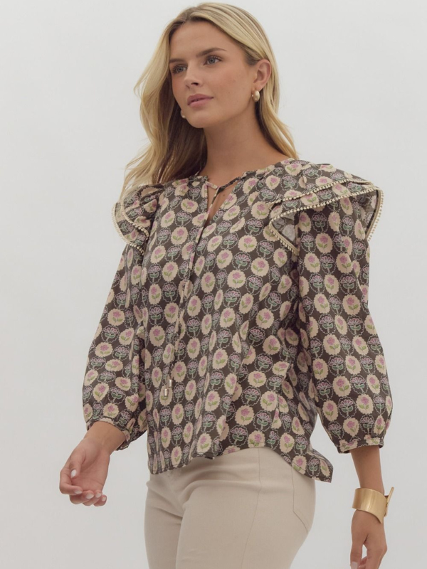 Brown Floral Medallion Ruffle Top - Themasonboutique