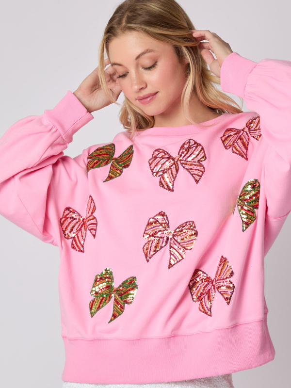 Candy Pink Sequin Bow Sweatshirt - Themasonboutique