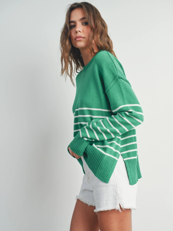 Kelly Green & Ivory Stripe Drop Shoulder Sweater - Themasonboutique