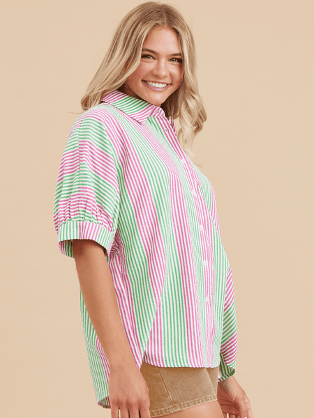 Pink + Green Striped Button Up