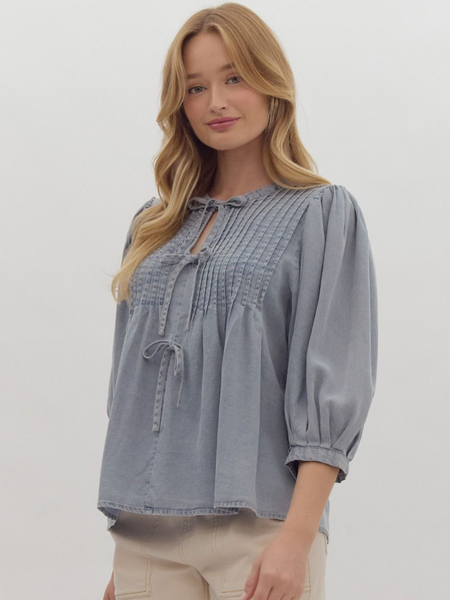 Light Wash Tencel Bow Top - Themasonboutique