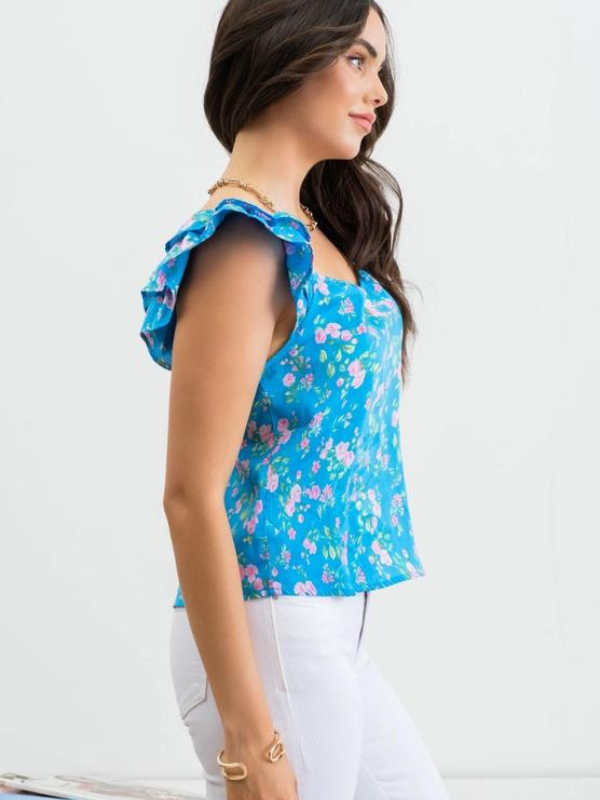 Floral Sweetheart Neck Ruffle Sleeve Top - Themasonboutique