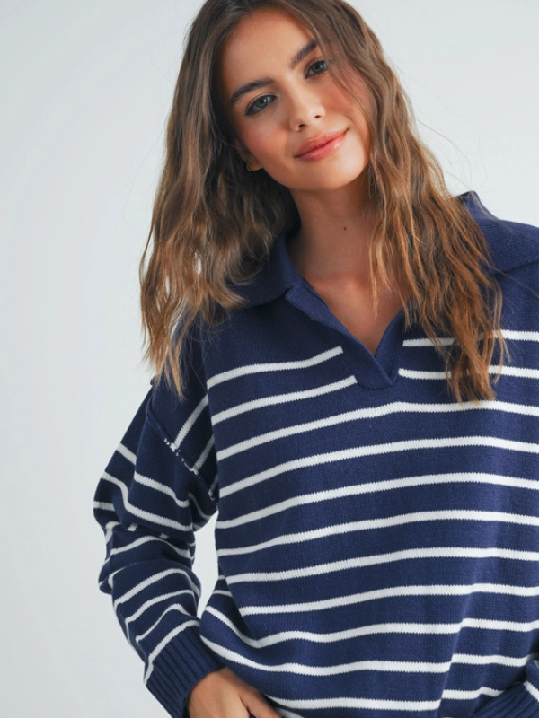 Navy & Ivory Stripe Collared Sweater