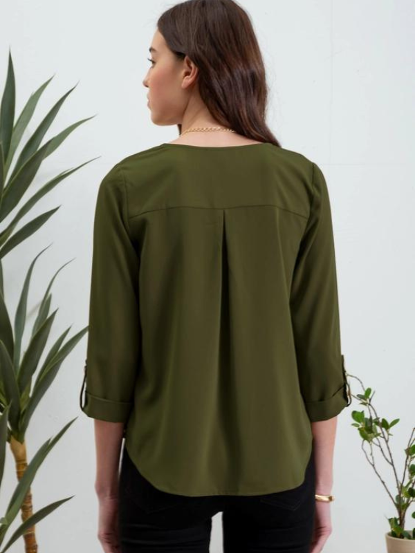 Olive V-Neck 3/4 Sleeve Top - Themasonboutique