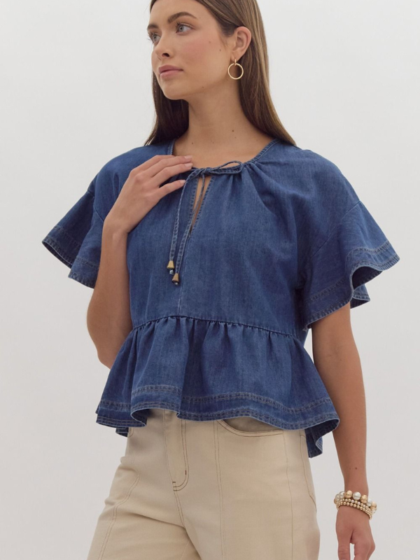 Denim Ruffle Sleeve Peplum Top - Themasonboutique