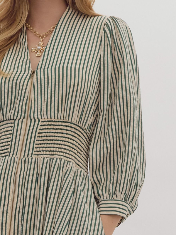 Green Striped Smocked Midi Dress - Themasonboutique