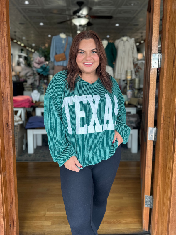 Hunter Green Texas Graphic Ribbed Long Sleeve Top