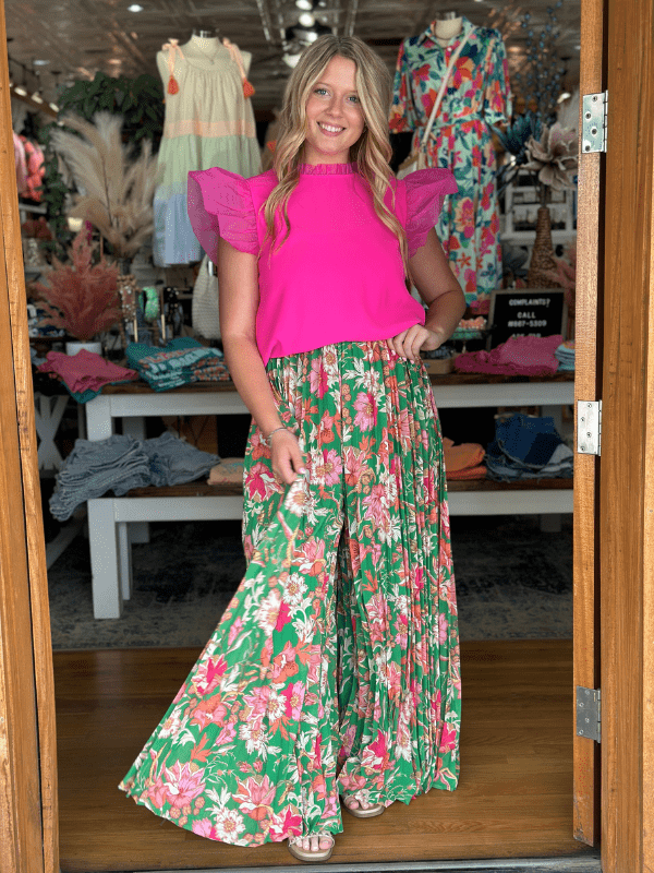 Hot Pink Organza Ruffle Sleeve Top